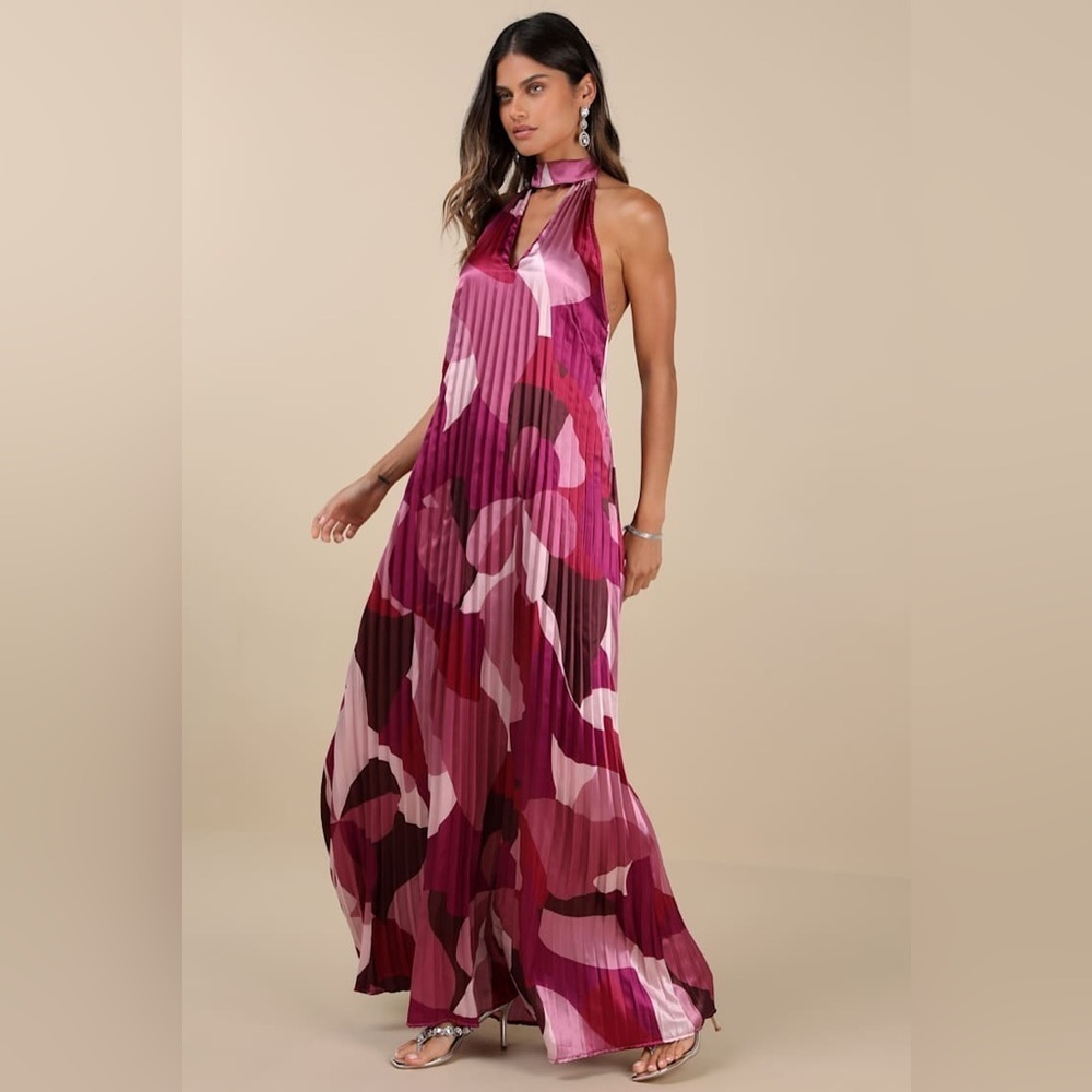 LULU'S Prime Poise Pink Multi Abstract Satin Halter Maxi Dress - Picture 3 of 5